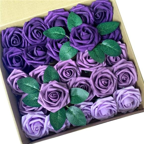 Artificial Flowers 25PCS Real Looking Ombre Colors Purple Fake Roses with Stem - Picture 1 of 7